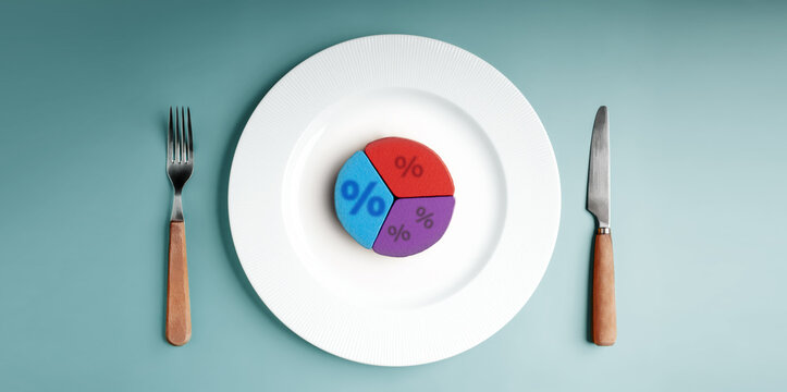 White plate holds colorful percentage segments like a pie chart, visually representing portfolio diversification