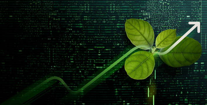 Green leaves emerge over a digital data screen with a rising arrow