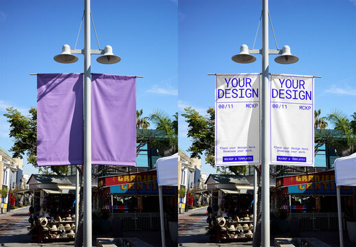 Mockup Of Customizable Street Banners On Lamp Post, Los Angeles