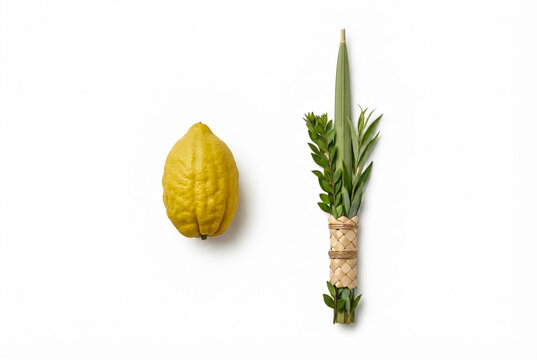 etrog citron fruit and lulav palm branch 
Traditional symbols of sukkot holiday including etrog citrus fruit and tied lulav bundle isolated on a white background, top view.