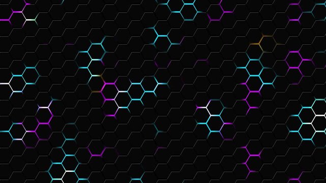 Dark hexagon honeycomb grid with Blue, Purple and Orange light glowing through the seams, Technology Futuristic concept