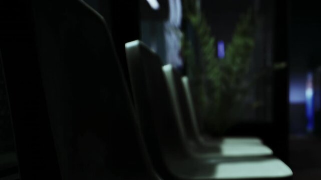 In a quiet, dimly lit area, a row of empty chairs sits silently. Shadows stretch across the floor, while soft light hints at nearby plants. The ambiance feels calm yet mysterious.