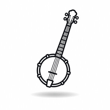 Minimal black line art banjo icon floating over soft shadow on white background