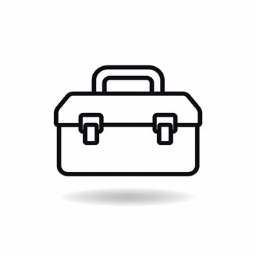 Minimal black line art toolbox icon floating over soft shadow on white background