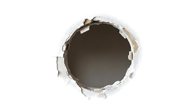 A circular hole in a white wall with torn edges revealing a dark brown interior space on a plain white background