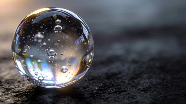 Camera shifting, glass sphere rotating and settling on rough dark tabletop with bubbles, copy space