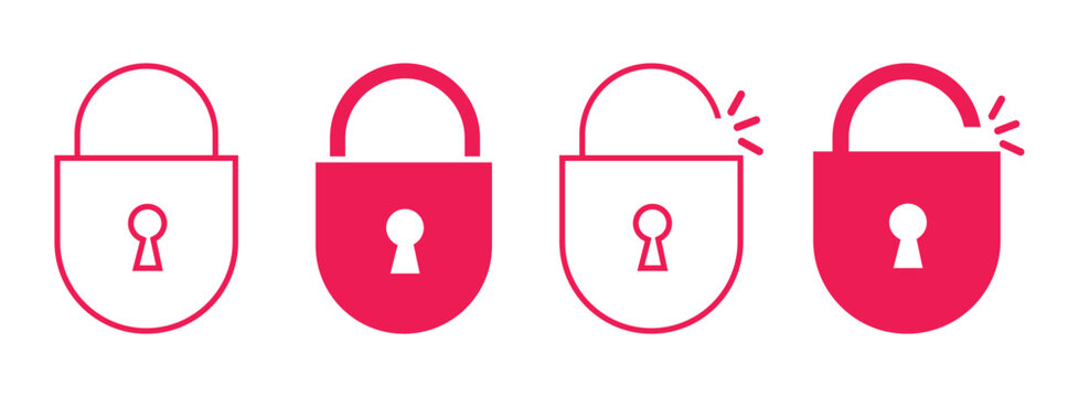 Set of four outline padlock symbols representing secure connection cyber safety privacy and access granted concept.