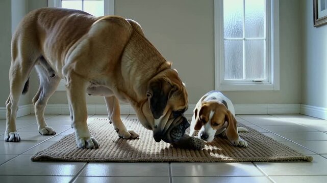 Investigating three textured chew toys, fawn mastiff nudging and beagle sniffing on entryway mat