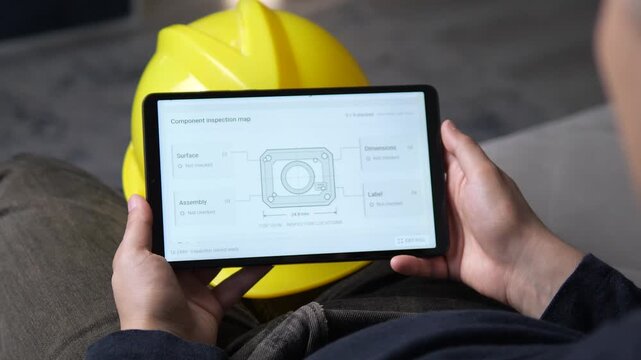 Technician reviews a digital component inspection map on a tablet, highlighting smart manufacturing, quality control and data-driven industrial inspection workflows.