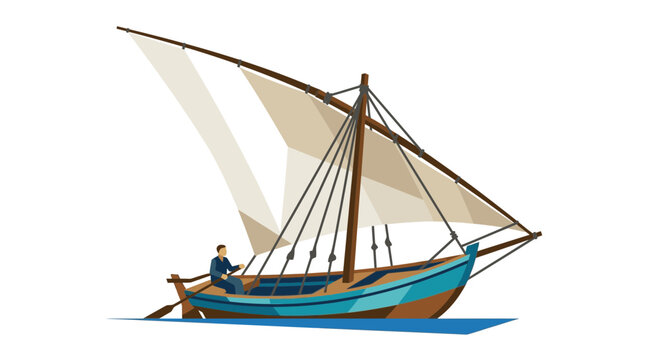 Traditional Wooden Dhow Boat Sailing on Water Isolated Illustration