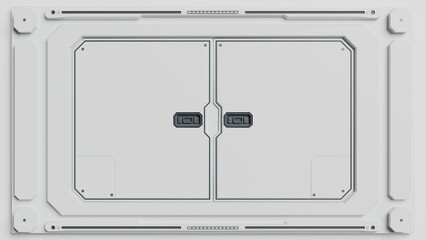 White mechanical panel features twin rectangular access covers in a frontal 3D illustration with dark recessed handles for futuristic industrial and science fiction environment designs © angel_nt