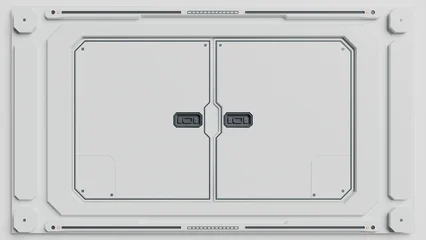 White mechanical panel features twin rectangular access covers in a frontal 3D illustration with dark recessed handles for futuristic industrial and science fiction environment designs © angel_nt