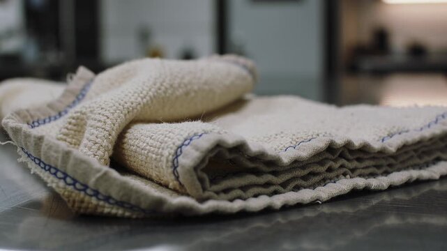 Lifting beige woven cloth with blue trim and zigzag hem on steel counter, draft revealing weave