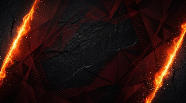 Abstract background featuring dynamic orange flames and dark textured geometric shapes