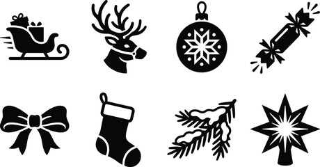 Fototapeta premium Christmas holiday icons in minimalist black style featuring reindeer sleigh bauble for seasonal vector graphic
