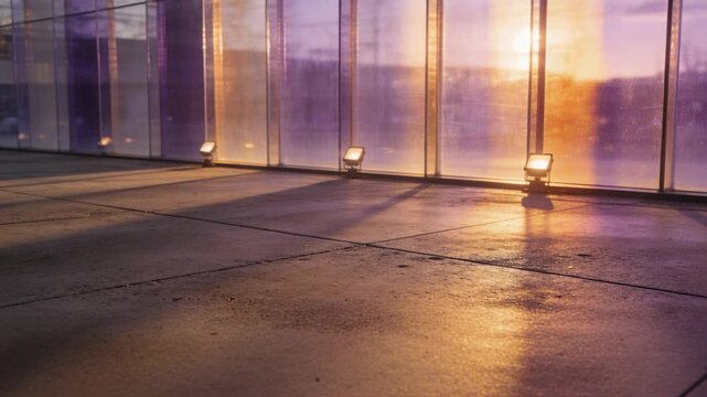 Walking blurred silhouette passing outside glass wall at sunset, spotlights casting warm floor glow