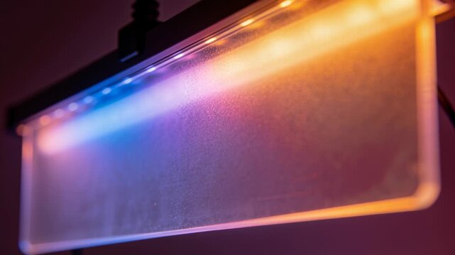 Powering LED strip behind textured diffuser at desk, scattering blue orange gradient, mood lighting