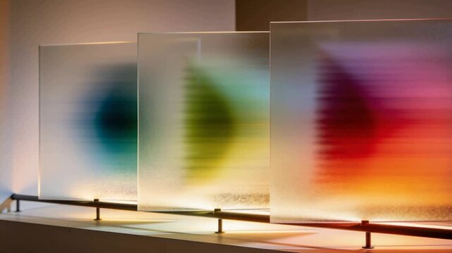 Moving lights sliding behind three frosted glass panels on metal rail in gallery