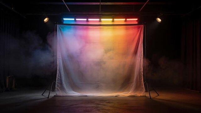 Starting offframe fog machine pushing fog across white backdrop in studio, LED bar glowing for mood