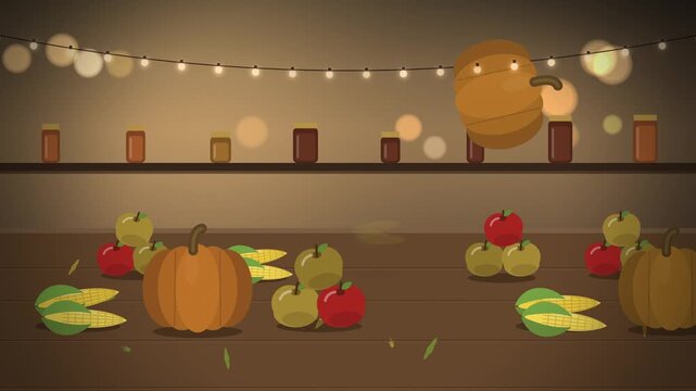 Jars on shelf and string lights above harvest table seamless loop