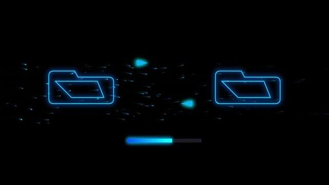 File transfer animation between two folders on transparent background. Blue progress bar between two folder icons loading  and arrow animation dark background