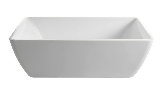 A sleek white ceramic bathroom sink basin, presented isolated on transparent background, featuring a modern rectangular shape for luxury home interiors