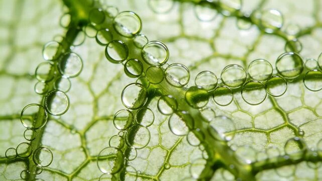 Shifting camera right, capturing diagonal leaf vein in macro, showing center beads and cell net