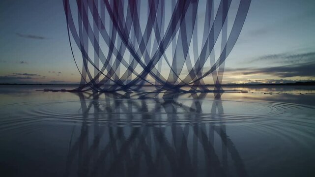 Emerging ribbons and descending dark column hitting water, creating ripples at shoreline at sunset