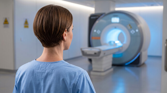 Woman in scrubs standing in hospital room facing MRI scanner, medical diagnostics and radiology imaging