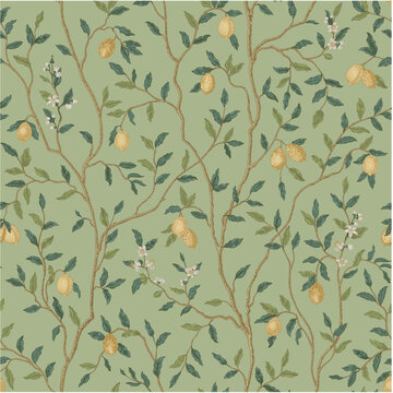 The Garden of Eden. Lemon trees. Vintage floral seamless pattern. Сhinoiserie inspired. Green