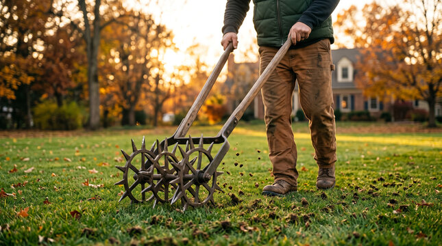 Man using manual spike lawn aerator on grass in autumn yard, lawn care and soil aeration
