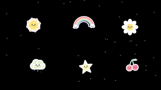 cute kawaii stickers set with smiling sun rainbow star flower and cherry icons on black background for animation