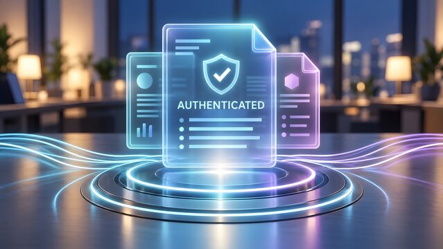 Glowing digital authenticated certificate hologram hovering above office desk representing secure business contracts