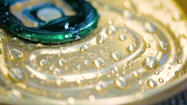 Macro close up of metal beverage can lid with condensation water droplets sliding on golden surface.