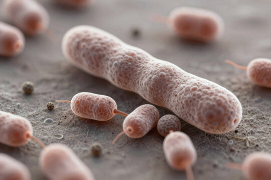 Microscopic view of pink rod-shaped bacteria with fine filaments on textured surface