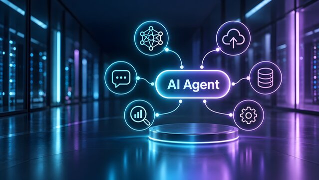 Glowing central artificial intelligence agent hub connecting digital workflow icons in modern server room