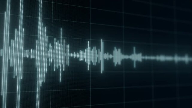 Teal audio waveform on a dark screen. Voice recording, speech analysis and sound monitoring