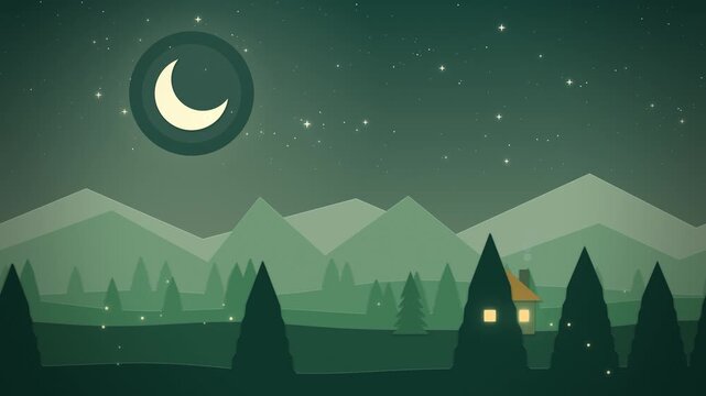 Green paper cut night with crescent moon and lit house building up