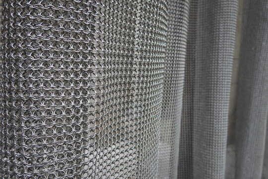 rideau, cotte de maille, m&eacute;tallique, plis, verticalit&eacute;, m&eacute;tal, acier, mailles, tricot, anneaux, souple, r&eacute;fl&eacute;chissant, lumi&egrave;re, 