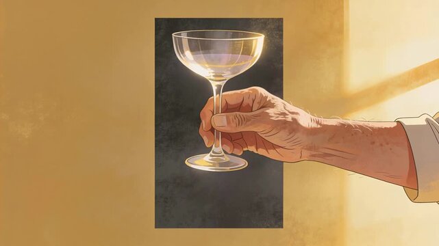 Adjusting senior hand entering right angling coupe glass to catch warm light white cuff dark panel