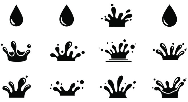 Liquid droplet and splash silhouettes on a white background aqueous