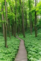 Fototapeta premium Wooden boardwalk winding through a lush green forest