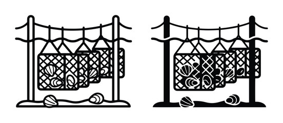 Oyster farming technology set with cages and shellfish, aquaculture illustration © Tasin