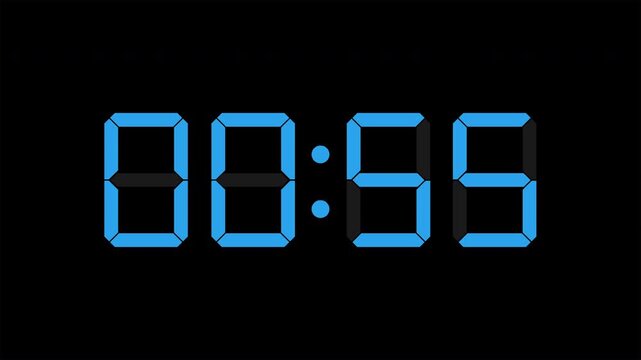 Blue digital countdown timer with seven segment numerals changing against a clean black background