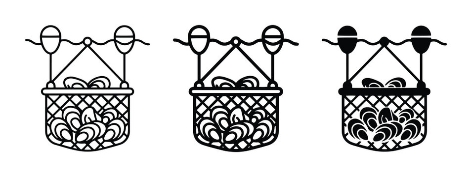 Oyster farming net set with buoys and shellfish, aquaculture illustration