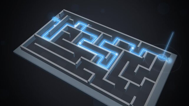 Glowing blue path solves a maze on a dark charcoal background