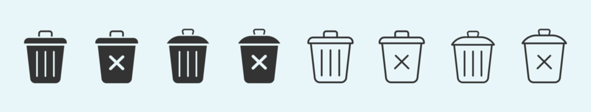 Delete vector icons set. Bin vector icon signs set. Litter or dust bin signs collection