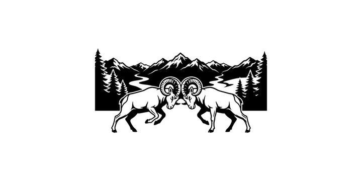 Two wild bighorn sheep butting heads in mountain landscape for wildlife conservation or outdoor adventure branding.