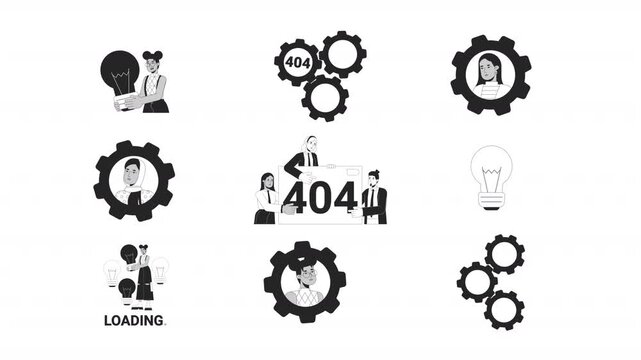 Innovation gears in loading 404 error black and white line animation pack. Creativity mechanism. Team collaboration. Cogwheels and lightbulbs animated outline 4K video set on transparent background