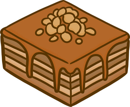 Salted Caramel Nut Cake Slice Vector Illustration